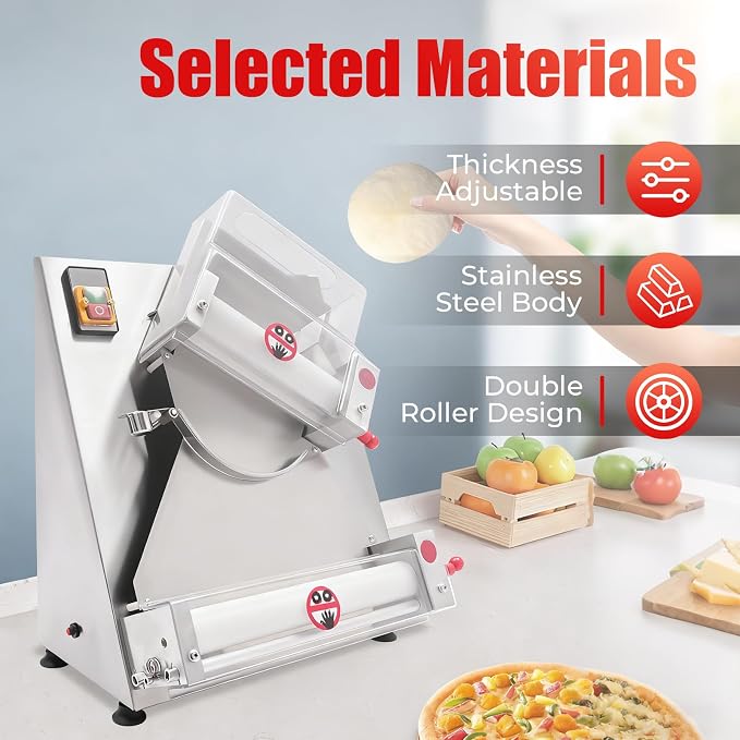 Pizza Dough Roller Sheeter, 4-12" Press Making Machine 370W 110V Electric Pizza Dough Roller Commercial Rolling Pin Pastry Press stainless Steel Dough Rollers for Pizza Bread & Pasta Maker
