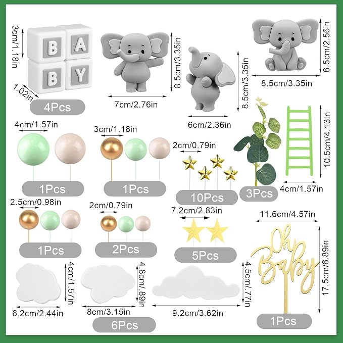 Yinder Bear Cake Toppers Mini Bear Cake Decorations Cake Toppers Gold White Pearl Ball for Birthday Party Decorations(Green,Elephant Style)