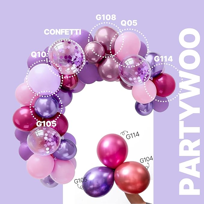 PartyWoo Pink and Purple Balloon Arch Kit Garland 140pcs Different Sizes of 18 12 10 5 Inch Metallic Baby Pink Hot Pink Chrome Light Purple Gold Confetti Balloons for Birthday Party Decorations
