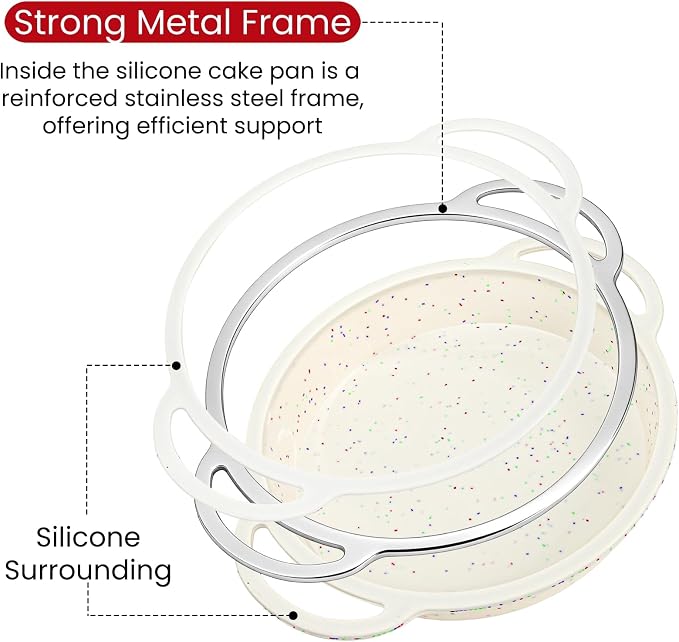 2 Pack 9 Inch Silicone Round Cake Pans, Reinforced Metal Frame Bread Mold with Handles, Non-stick Food-grade Pie Bakeware for Baking Cheese, Chocolate Cake, Layers