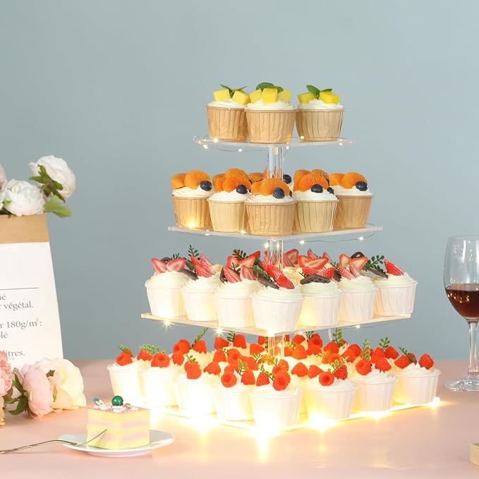 HENABLE 4 Tier Premium Cupcake Stand Cupcake Holder, Acrylic Cupcake Tower with LED Yellow Light for Cupcakes, Dessert Table Display Set for Birthday, Bar, Decor Weddings, Parties Events