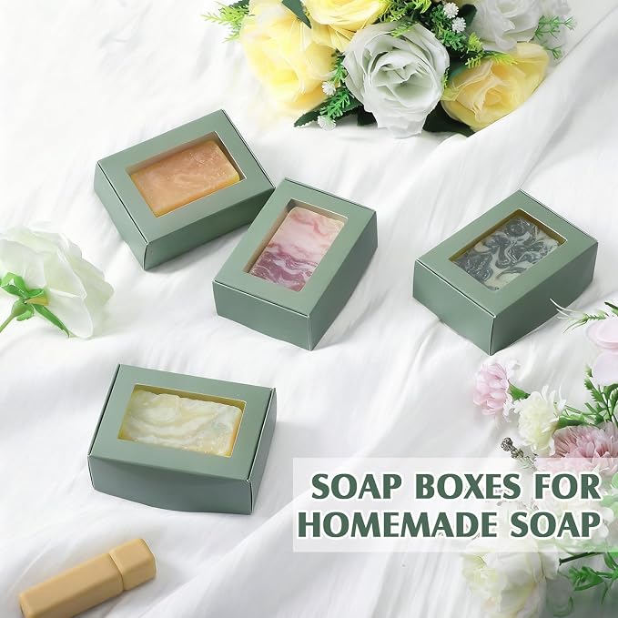Zonon 30 Pcs Soap Boxes for Homemade Packaging, Mini Kraft Boxes with Window for Bakery Candy Soap Making Gift Packaging, 3.7x2.6x1.4 Inch (Sage Green)