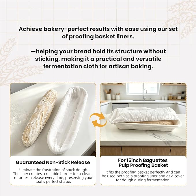 6 Pack Elastic Bread Proofing Basket Covers - Premium Linen & Cotton Liners for 15 inch Baguettes Sourdough Banneton, Non-Stick, Breathable Fermentation Cloth for Sourdough & Artisan Baking
