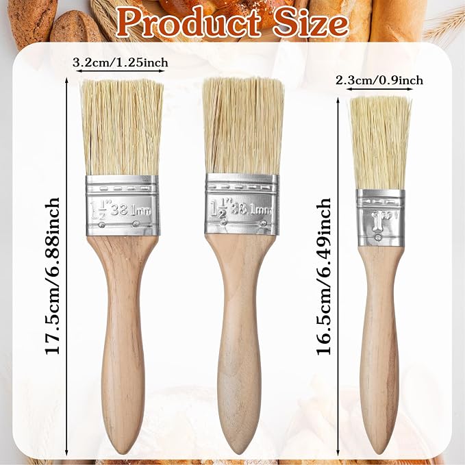 3 Pcs Pastry Brush Basting Brush BBQ Brushes Boar Bristles Wooden Handle Brushes for Applying Marinades, Sauces, Oils, Egg and Baking (1 Inch, 1 1/2 Inch)