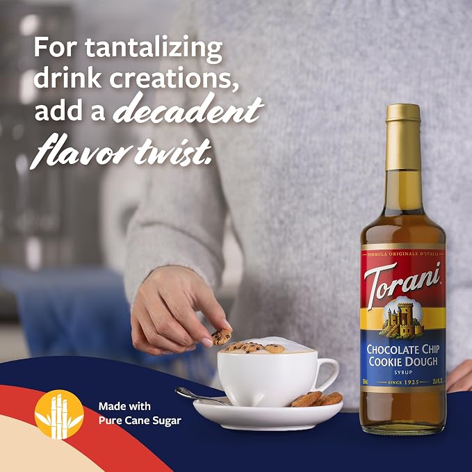 Torani Coffee Syrup, Chocolate Chip Cookie Dough Flavored Syrup for Drinks, Glass Bottle 4-Pack, Pumps Included, 25.4 Fl Oz Ea