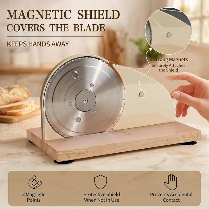 Sourdough Bread Slicer for Homemade Bread, Manual Hand Crank Bread Cutter with Adjustable Thickness for Even Slices, Slicing Guide & Protective Blade Shield, Wood Base with Suction Cups(Beige)