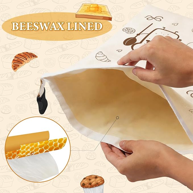 2 Pack Beeswax Bread Bags for Homemade Bread Sourdough, 17x13 Inch Reusable Linen Beeswax Bread Bag with Buckle to Keeps Bread Freshness for Food Storage(Cartoon Bread)