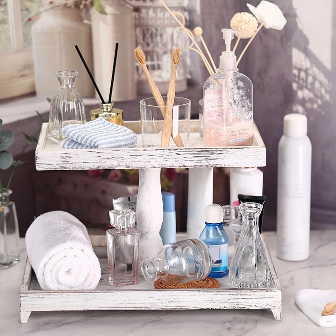 Yalikop Farmhouse Tiered Tray Stand - Wooden Rustic 2 Tier Rectangular Tray Serving Stand for House Kitchen Cake(White)
