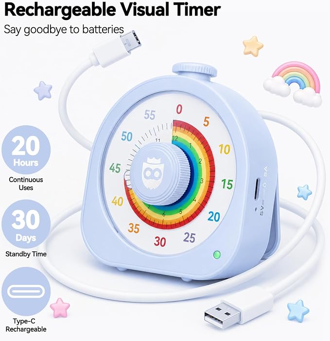 Kids Timer with Rainbow Visual Disk, Rechargeable Timer for Classroom Office Kitchen with Magnetic Sticker, 60 Min/12Hr Silent Countdown Timers Management Tool for ADHD & Autism