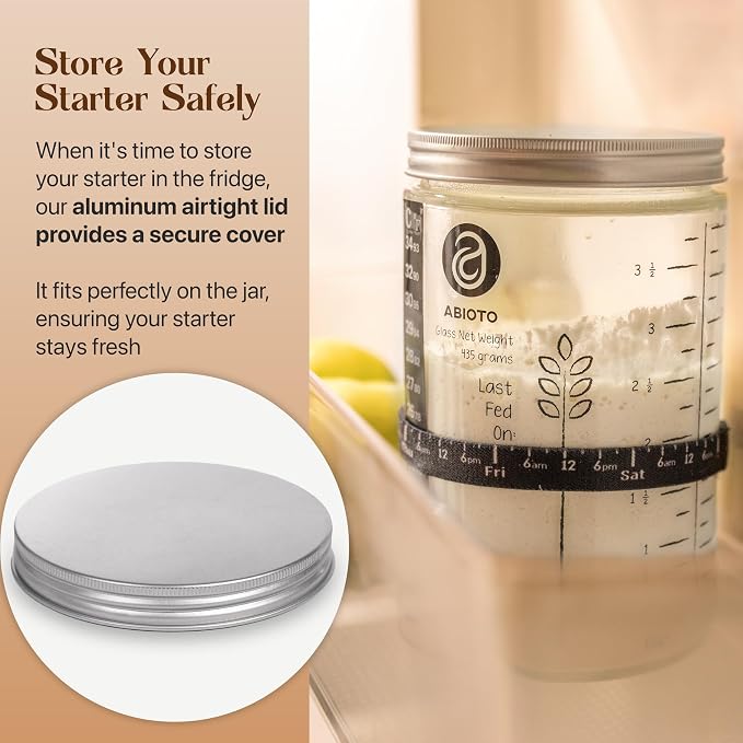 ABIOTO Sourdough Starter Jar Kit, Includes 34 oz Sourdough Starter Jar with Metallic Lid, Silicone Spatula, Feeding Tracker, Extra Thermometer Strips & Breathable Covers – Sourdough Bread Starter Kit