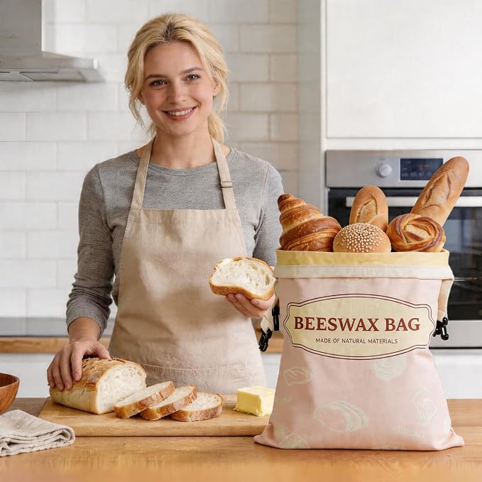 Beeswax Bread Bags for Homemade Bread, 2 Packs XL Reusable Cotton Linen Sourdough Bread Bags to Keep Bread Fresh (pink)
