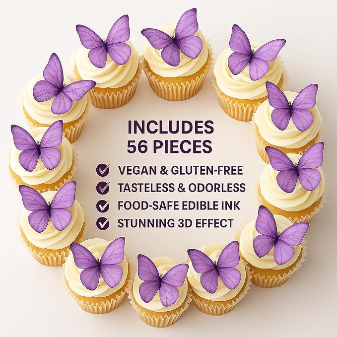 Confect Edible Wafer Paper Butterflies Set of 56 – Colorful Purple Butterfly Cake Decorations, Cupcake Toppers for Birthday, Wedding, Party – Edible Butterfly Toppers