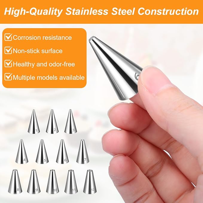 12 Pcs Frosting Tips Round Piping Tips Set, Stainless Steel Icing Tip for Decorating Cupcake Nozzles Small Cake Piping Tip Cake Writing Icing Pastry Dispensers Supplies for Baking Cookies Puff Cream