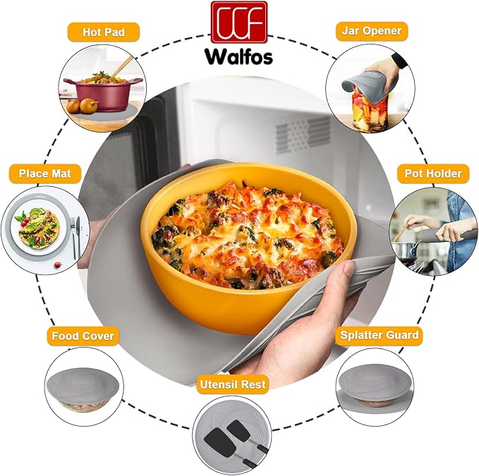 Walfos Silicone Microwave Mat & Lid Set, Heat Resistant Multi-Purpose Trivet Mat and Seal Lids, Non-Slip and BPA Free, Perfect for Oven and Hot Pan