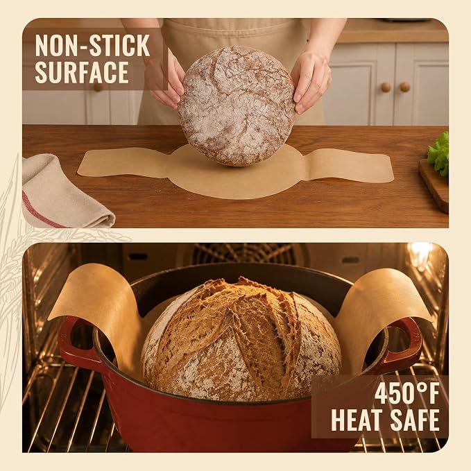 Sourdough Parchment Paper for Dutch Oven, BlissBoard Disposable Bread Baking Mat with Long Handles, 30 Pcs Unbleached Parchment Sling for Air-Fryer, Sourdough Transfer
