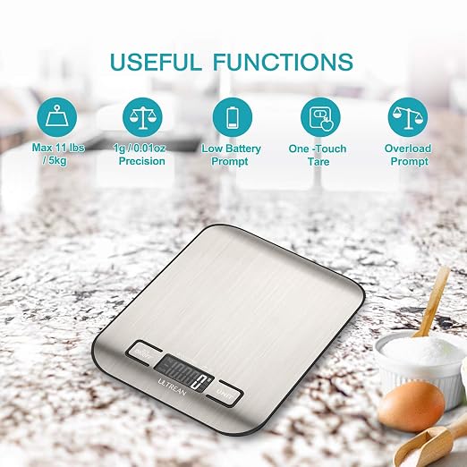 Ultrean Food Scale, Digital Kitchen Scale with LCD Display, Weight Grams and Ounces for Baking Cooking and Meal Prep, 6 Units with Tare Function, 304 Stainless Steel, 11lb (Batteries Included)