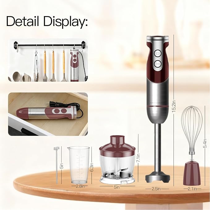 MegaWise 5-in-1 Hand Blender Set with Variable Speed Control, 400W Immersion Blender - Includes Whisk, Milk Frother, Chopper, and Beaker for Smoothies, Soups, and Baby Food (RED)
