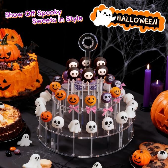 3 Tier Acrylic Lollipop Stand with Handle, 36-Hole Clear Cake Pop Holder with 100 Sticks, 100 Wrappers, 100 Gold Twist Ties, Candy Dessert Display Rack for Weddings, Birthday Parties, Baby Showers
