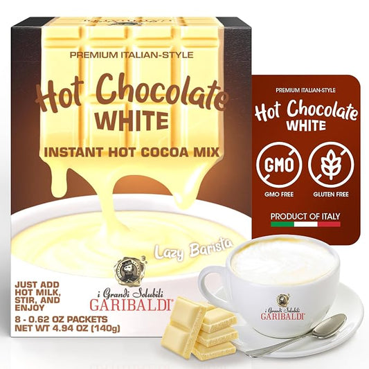 Cafe Garibaldi Premium White Hot Chocolate - Instant Cocoa Mix with Cocoa Powder, Gluten-Free & GMO-Free, 8 Servings x 0.62oz Packets, Ideal Italian Hot Chocolate Gift