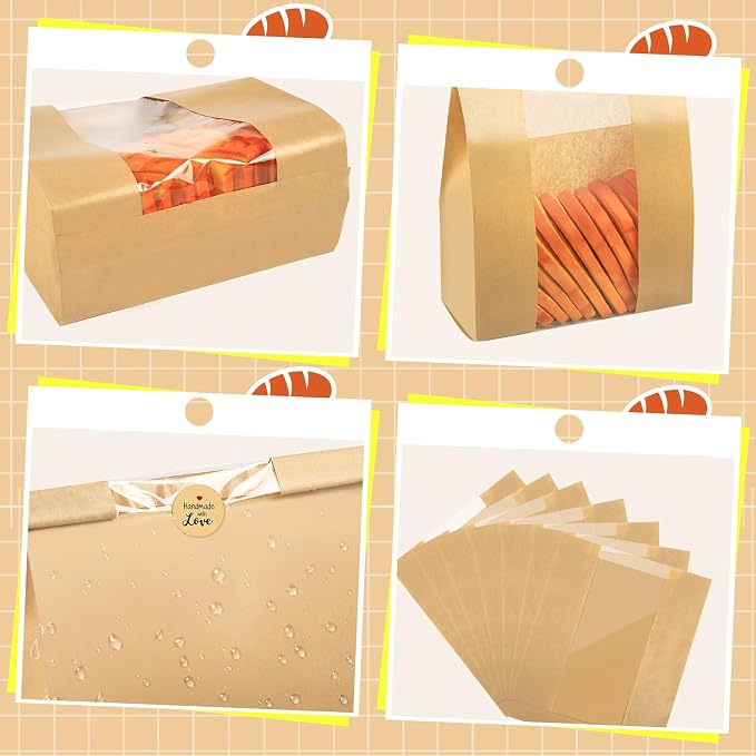 100PCS Paper Bread Bags for Homemade Breads 16×10×5 inch Sourdough Bread Bags with 100 Stickers Kraft Paper Breads Bag with Clear Window for Cookie Bakery Bag
