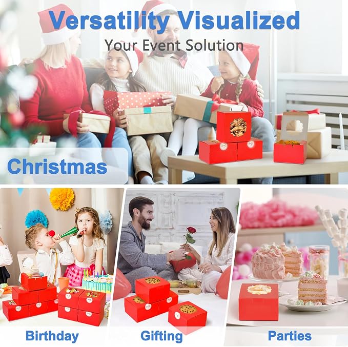 Shallive 4-Inch Small Cookie Boxes 100 Pcs Red - Bakery Treat Boxes with Window for Christmas Holiday Gifting, To-go Tins for Cake Slice, Macarons, Donuts