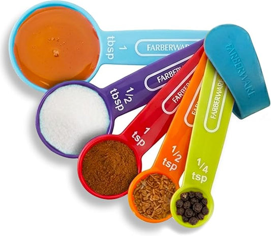 Farberware Set of 5 Measuring Spoons, Perfect for Measuring Both Wet and Dry Indgredients, Includes Detachable Ring for Optimal Storage and Organization, Dishwasher Safe, Assorted