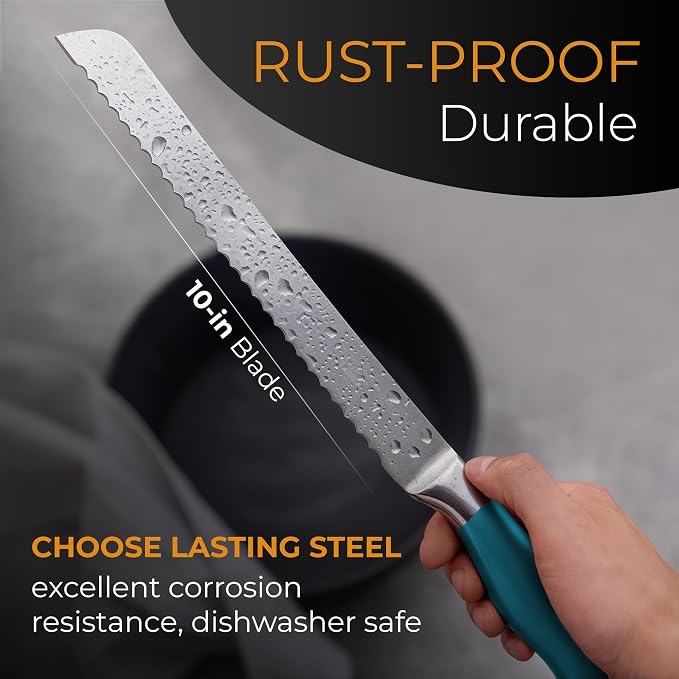 Orblue Serrated Bread Knife with 10-inch Upgraded Stainless Steel Razor Sharp Wavy Edge Width - Bread Cutter Ideal for Slicing Homemade Bagels and Cake (Lake Blue)