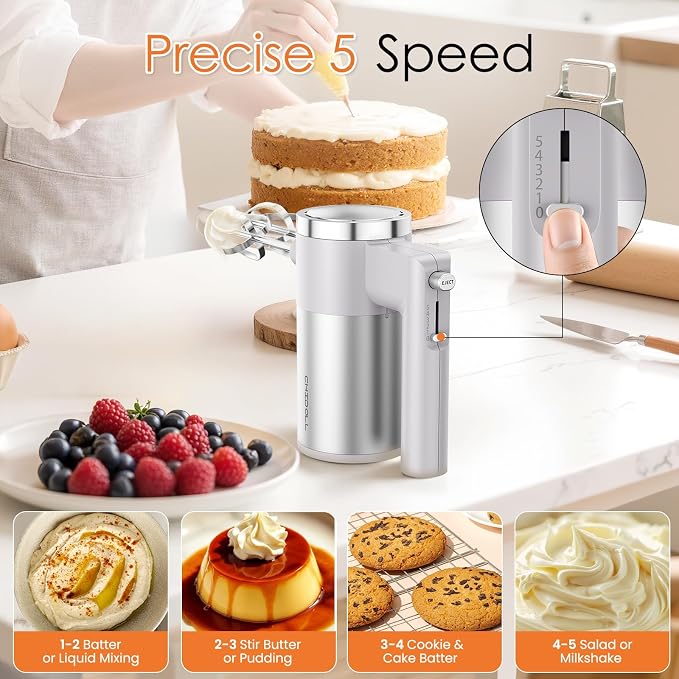 CHIDOLL 600W Hand Mixer, 5-Speed Electric Hand Held Mixer for Baking, Lightweight Stainless Steel Hand Beaters *2 & Dough Hooks*2 with Eject Button, Kitchen Mixer for Cream, Cookies, Dough