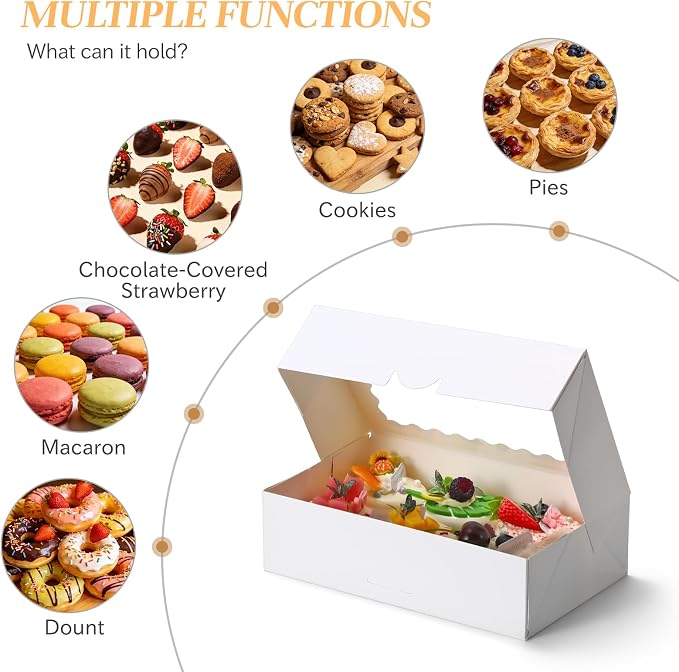 COTOPHER Auto Pop Up Cookie Box with Window 9x6x2.5 Inches – 50 Pack White Bakery Boxes with Gold Ribbon for Birthday Party Favors, Wedding, Christmas Gift Packaging for Cookies, Candy, Macarons