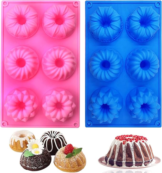 Silicone Mini Cake Pans, 6-Cavity Fluted Tube Cake Pan, Non-stick Silicone Baking Mold for Cupcakes, Donuts, Cornbread, Jellies-2 Packs (Pink, Blue)