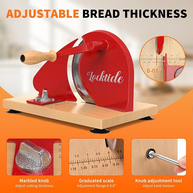 Manual Bread Slicer for Homemade Sourdough Bread, Hand Crank Bread Slicer With Scale Line, Suction Cups and Quality Solid Wood Base, Adjustable Thickness, Evenly Slice
