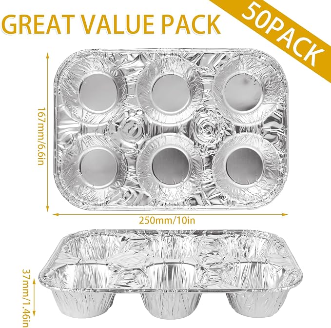 SENENQU Pack of 50 Aluminum Foil Muffin Pans, Holds 6 Cupcakes/Muffin & Pie foil Pan, Standard Size Cupcake Pans, Disposable Muffin Tin for Baking