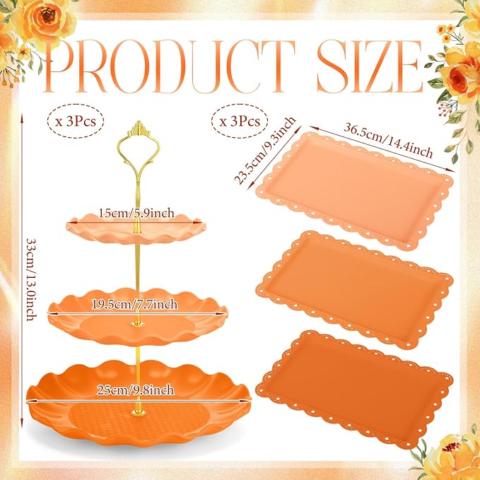 FoldTier 6 Pack Cupcake Stand Set 3 Pcs 3 Tier Gradient Dessert Table Display Stands Cookie Tray Rack 3 X14 in Rectangle Party Trays for Wedding Birthday Tea Party Baby Shower(Orange,Round)