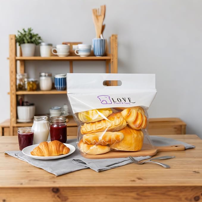 Plastic Bread Bags for Homemade Bread, Freezable Seal Tight Bakery Bags with Clear Window for Loaves, Sourdough，Bagels (50 Packs) White-13.8" x 11.8"