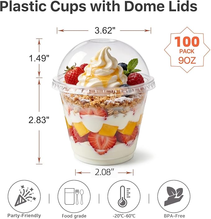 Lullaby 100Pack 9oz Clear Plastic Cups with Dome Lids, Dessert Cups with Lids, Disposable Parfait Cups, Party Cups Cupcake for Parties and Daily Use