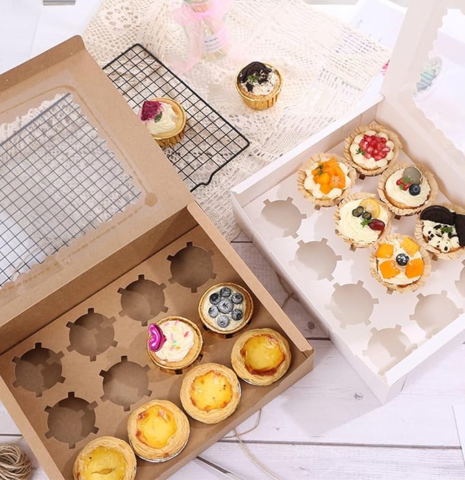 3-Set Cupcake Boxes Bulk with Clear Display Window Hold 12 Standard Cupcakes, Disposable Food Grade Brown Cupcake Carrier Cupcake Container, Perfect for Cupcakes Muffins Cookies Pastries