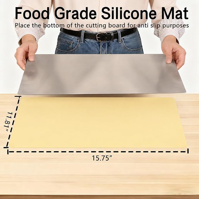 Large Stainless Steel Cutting Board with Lip for Kitchen, Chopping Boards with Yellow Non-slip Mat, Cutting Board with Counter Lip for Meat, Fruits, Vegetables, Bread,Dough(15.7" × 11.8")