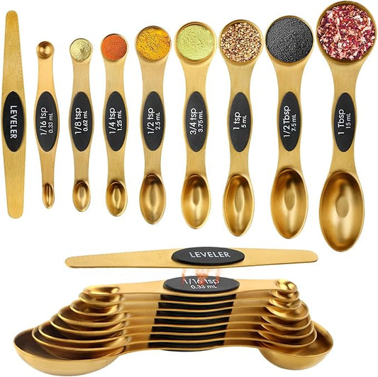 Gold Magnetic Measuring Spoons Set Stainless Steel with Leveler, Dual-Sided Stackable Metal Measuring Spoons for Baking & Cooking, Fits in Spice Jars, Heavy Duty Kitchen Gadgets, 8 Spoons & 1 Leveler