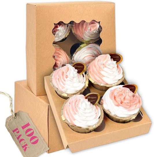 qiqee Auto-pop Up Cupcake Boxes with Window Brown 100PCS 4 Count Cupcake Box 6.3"x6.3"x3" Cupcakes Carrier, 4 Cupcake Containers