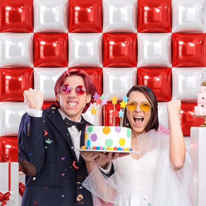 NISOCY 36PCS Red White Square Foil Balloons Wall Backdrop Double Sided Red Pearl White Balloons Arch Kit for Birthday Wedding Bridal Shower Valentine Anniversary Party Decorations