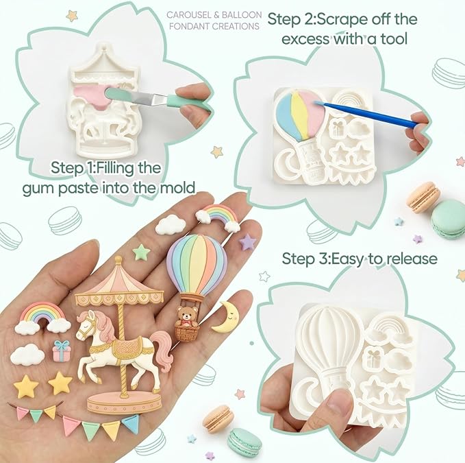 2Pcs Carousel & Hot Air Balloon Fondant Molds 3D Bear Rainbow Silicone Candy Molds for Cake Decorating, Cupcake Toppers, Cholocate, Polymer Clay, UV Resin, Flexible Gum Paste Tool