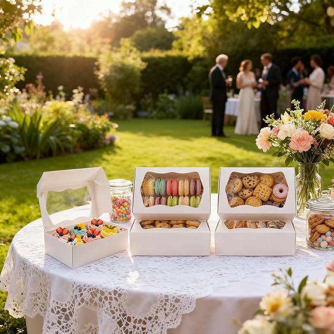30 Pack Bakery Boxes with Window, 9.5"×6"×3" Cookies Box with Wax Paper, Paperboard Pie Cake Treat Boxes with 30 Stickers, Bakery Gift Box Container for Dessert Mini Cake Pastry Birthday