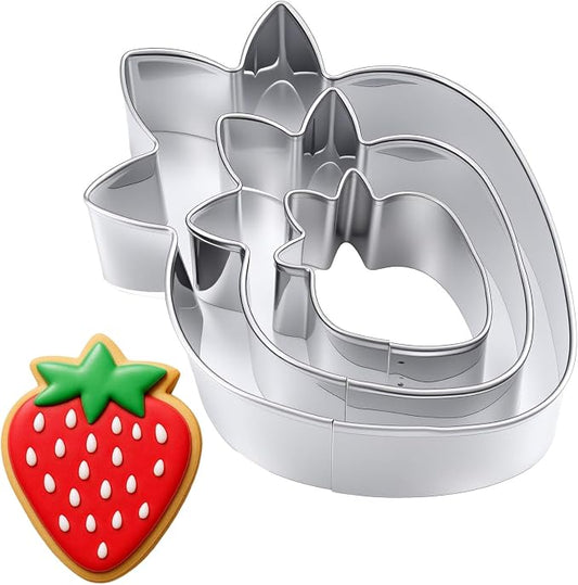 3 Piece Strawberry Cookie Cutter Set Stainless Steel Strawberry Shaped Cutters for Baking Cookies Fondant Dough Dishwasher Safe with Sizes 3.5 2.5 1.5 Inch