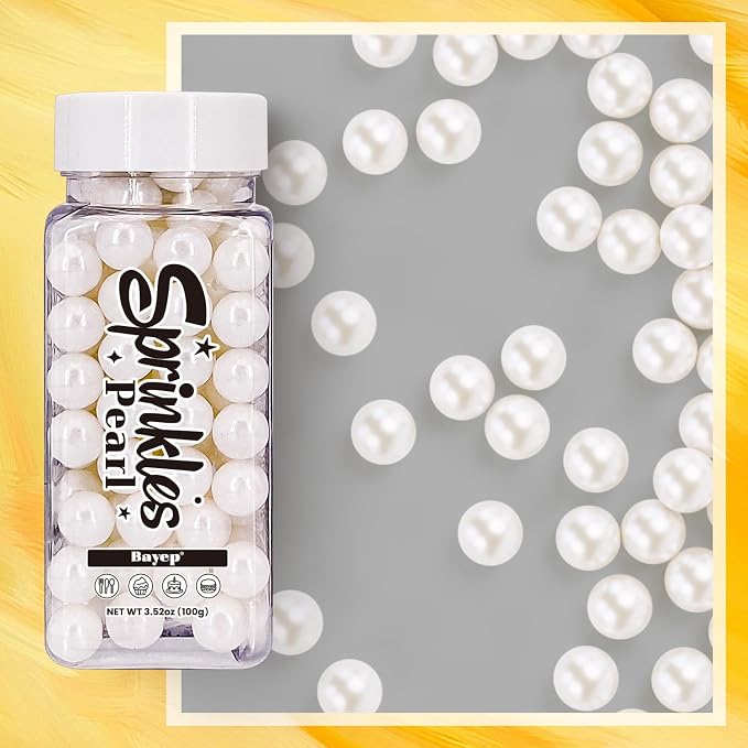 Bayep Edible Pearls for Cake Decorating 10mm White Sprinkles for Cookies, Baking, Ice Cream, Cupcake Topper Pearl Sprinkles Perfect for Wedding Party Valentines Christmas Holiday Supplies 3.52 Ounce