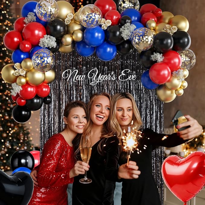 157Pcs Black Gold Red Blue Balloons Garland Arch Kit with Black Fringe Curtain Backdrop for Graduation Birthday New Year's Eve Baby Shower Party Decorations