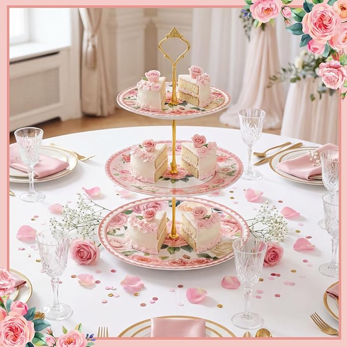 Lallisa Pink Floral Party 3 Tier Dessert Stand 10", 9" and 7" Ceramic Serving Tray Dessert Cupcake Display Holder Tower for Wedding Baby Bridal Shower Tea Party Decoration