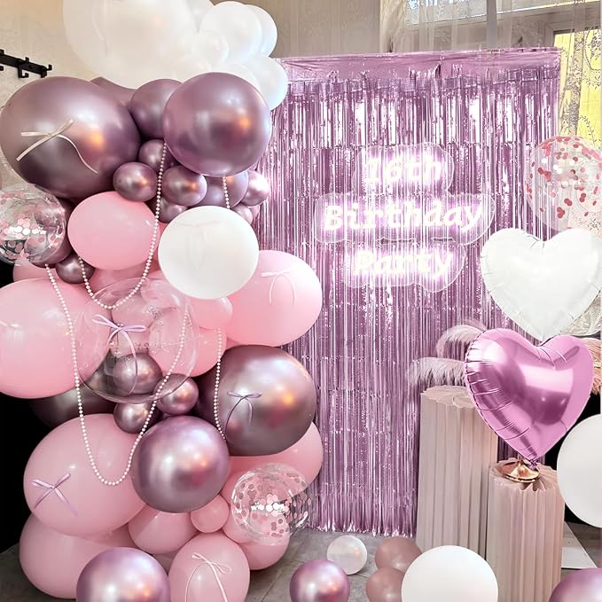 157Pcs Pink and White Balloons Garland Arch Kit with Metallic Pink Fringe Curtain for Girl Princess Woman Bridal Shower Engagement Wedding Baby Shower Birthday Party Decorations