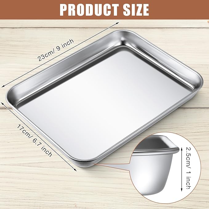 Potchen 18 Pcs Baking Sheet Pan Set Stainless Steel Cookie Sheet Small Toaster Oven Pans Tray Barbecue Grill Pan Rectangle Trays Oven Freezer Bakery, Non-stick, Easy Clean, 9 x 6.7 x 1 Inches