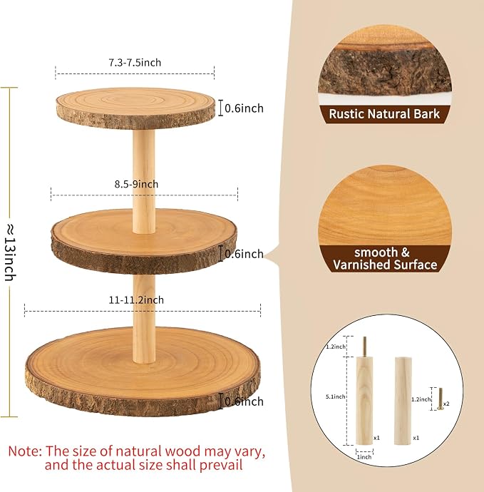 Rustic 3-Tier Wooden Cupcake Stand & Cake Tower – Natural Paulownia Wood Tiered Display for Weddings, Parties, Baby Showers, Holidays (Farmhouse Décor, Handcrafted Bark Design)