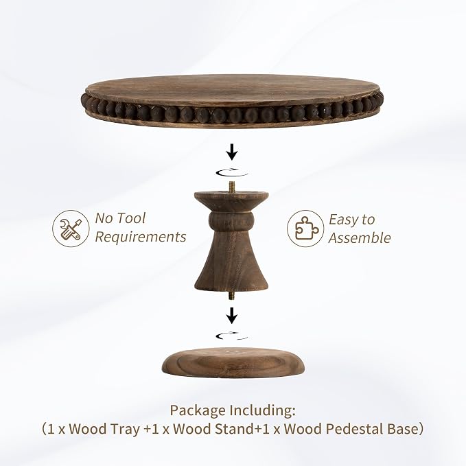 Hanobe Round Wood Cake Stand: Cupcake Pedestal Stand 12 inch Dessert Display Riser Distressed Rustic Cakes Holder Tray Vintage Beads Wooden Plate for Christmas Wedding Birthday Decor
